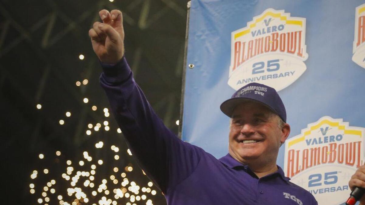 TCU coach Gary Patterson, seen here celebrating the Horned Frogs win over Stanford in the Alamo Bowl in December, was forced to cancel his signing day press conference on Wednesday in part because he was having a root canal.
