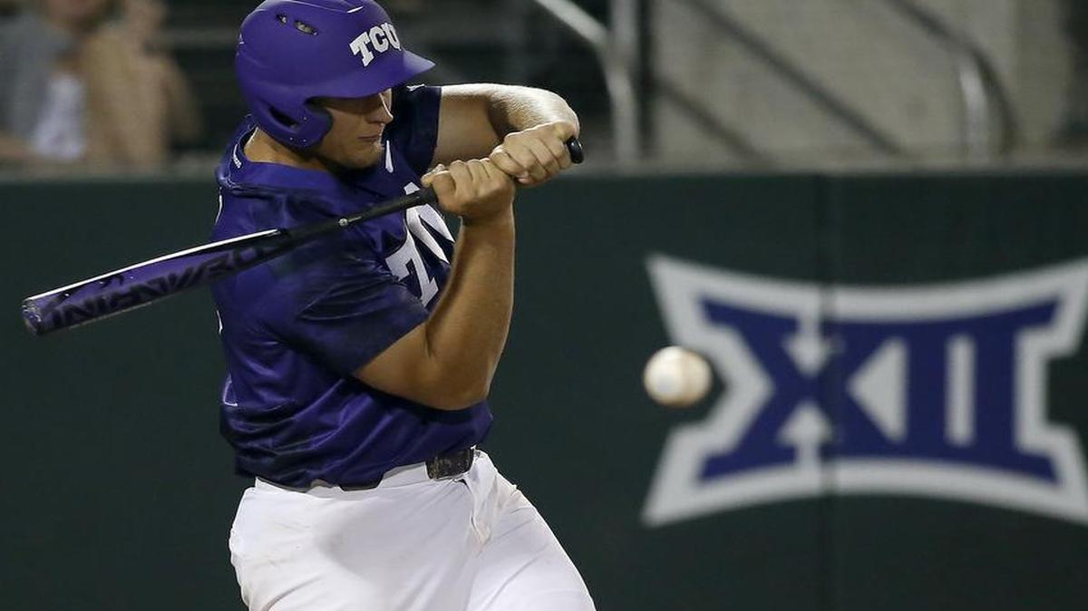 TCU star Luken Baker, shown batting against Rice on Tuesday, drove in the Horned Frogs’ first run but wasn’t around for the finish in an 11-10, 15-inning marathon victory over Texas A&M.