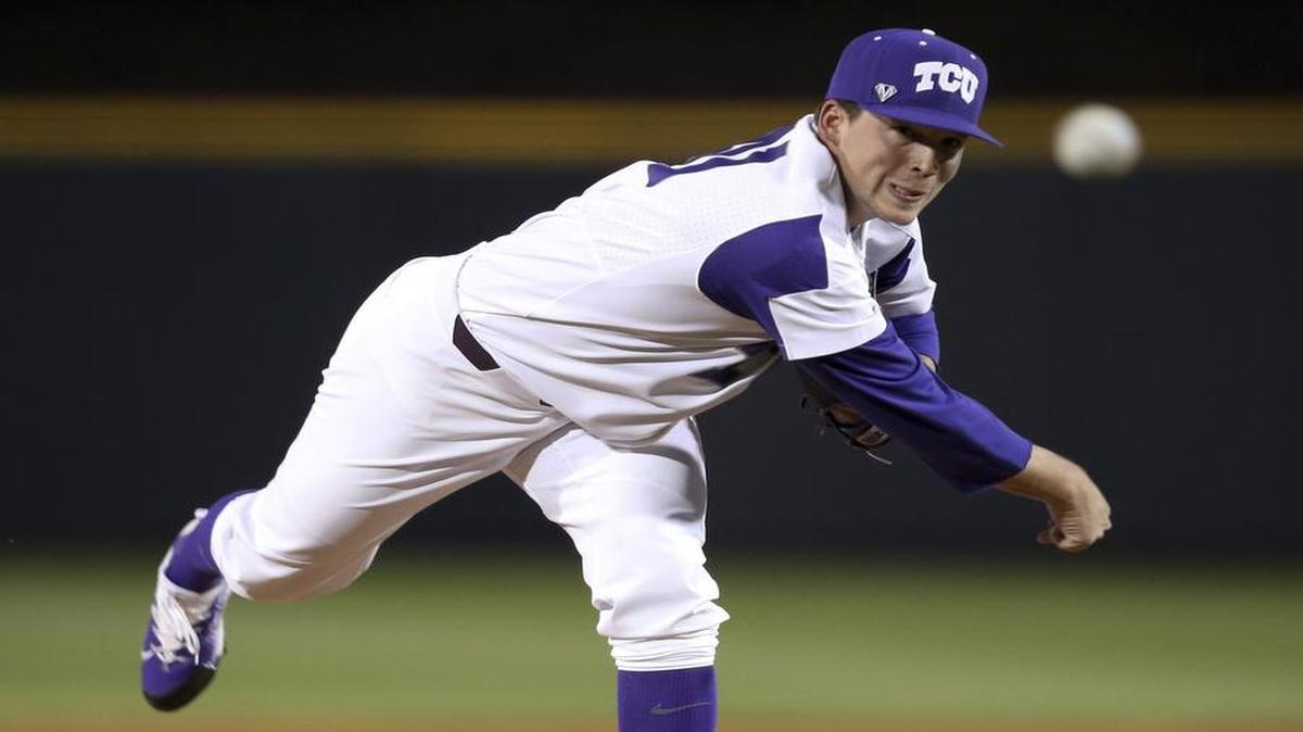 TCU pitcher Jared Janczak delivers in the first inning of his season-opening start against Penn State on Friday night at Lupton Stadium. The sophomore right hander gave up two hits, two earned runs and struck out six in 6-plus innings.