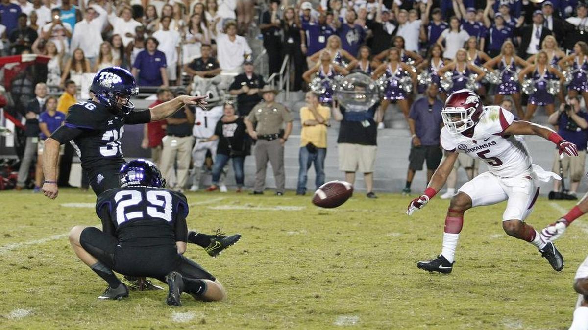 TCU kicker Ryan Graf follows through on a field goal attempt with 10 seconds left in regulation time against Arkansas on Sept. 10, 2016, at Amon G. Carter Stadium. The potential game-winning kick was blocked, and Arkansas won in two overtimes.