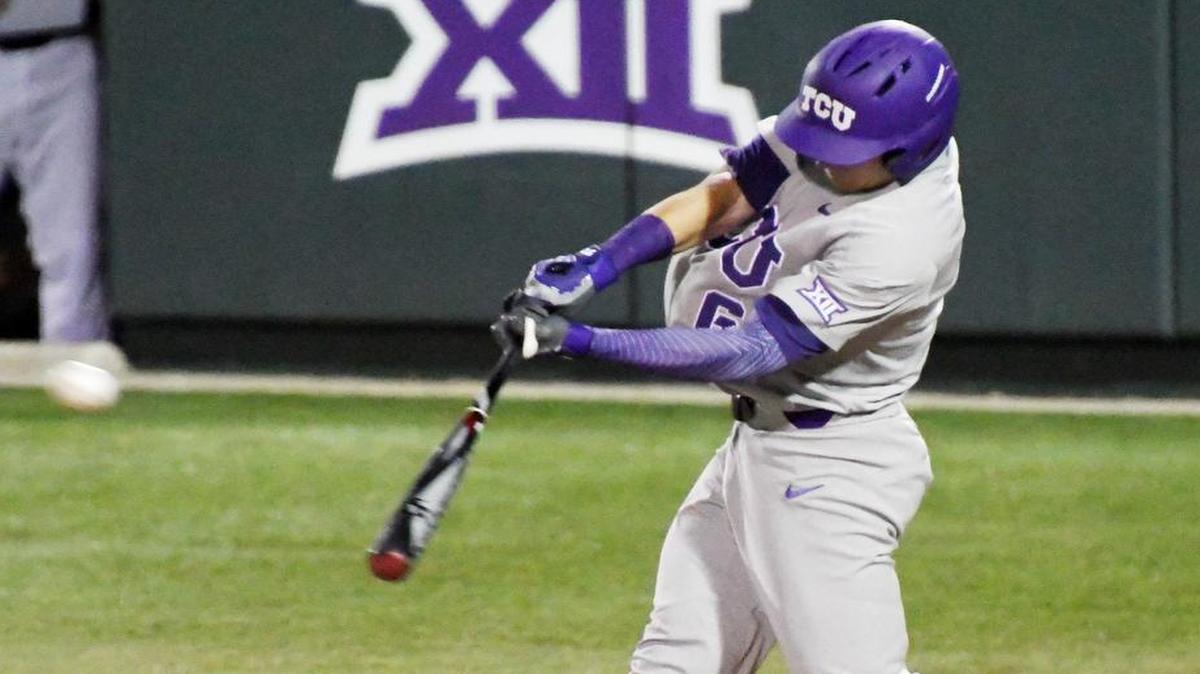 TCU’s Nolan Brown doubles to lead off the second inning against Virginia on Sunday at Lupton Stadium. Brown went on to score to take a 1-0 lead at the top of the second inning.