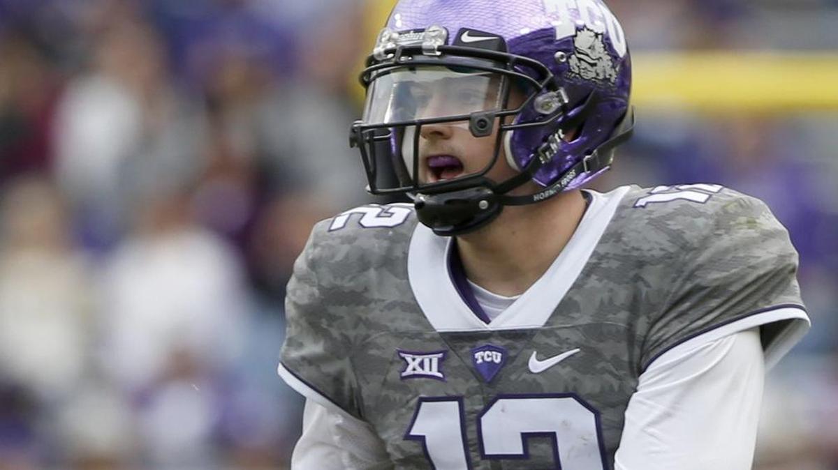 TCU quarterback Foster Sawyer looks downfield during the third quarter of his relief appearance last week against Kansas. The redshirt freshman from Fort Worth All Saints threw a touchdown pass and led two other scoring drives in the Horned Frogs’ 23-17 victory.