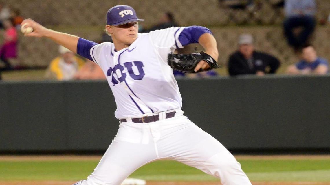 TCU pitcher Luken Baker throws against Gonzaga in a March 4 game at Lupton Stadium. He was scheduled to have an MRI on Monday after he left his most recent start early because of an arm injury.