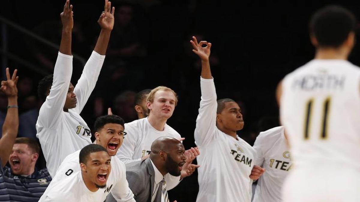 The Georgia Tech bench celebrates during the second half of Tuesday’s victory over Cal State Bakersfield.