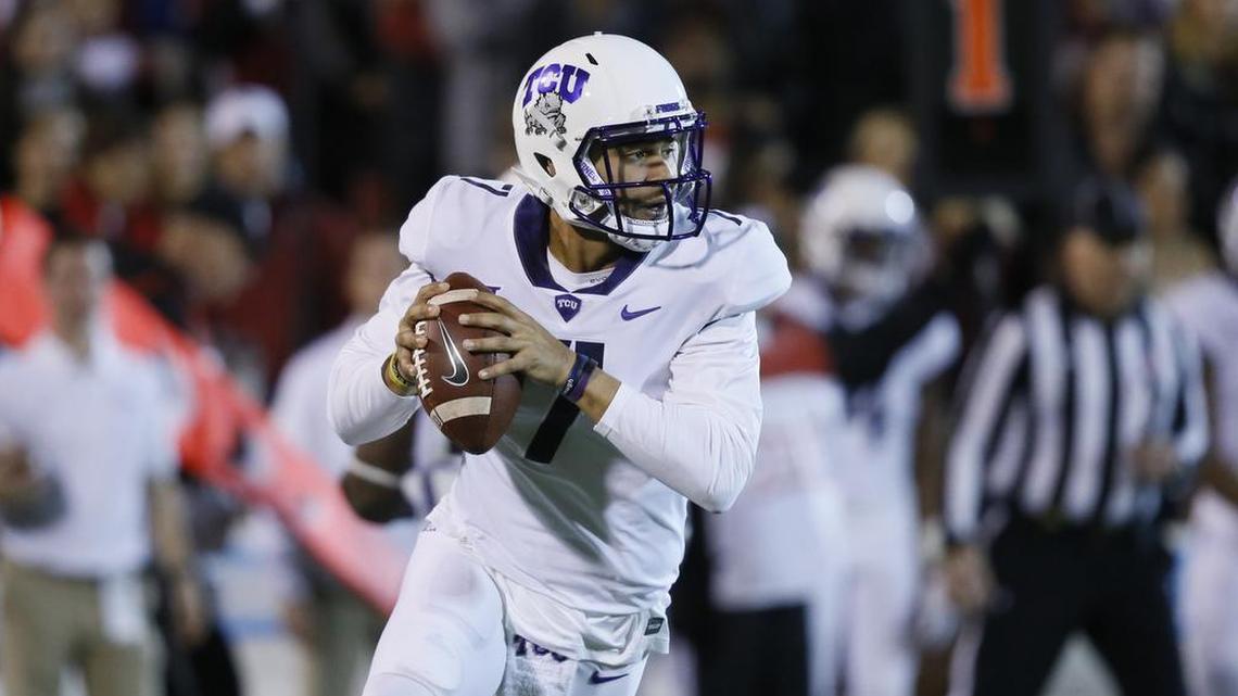 TCU quarterback Kenny Hill looks to pass during last week’s game at Oklahoma. He and three other starters were labled questionable to probable for Saturday’s game at Texas Tech.