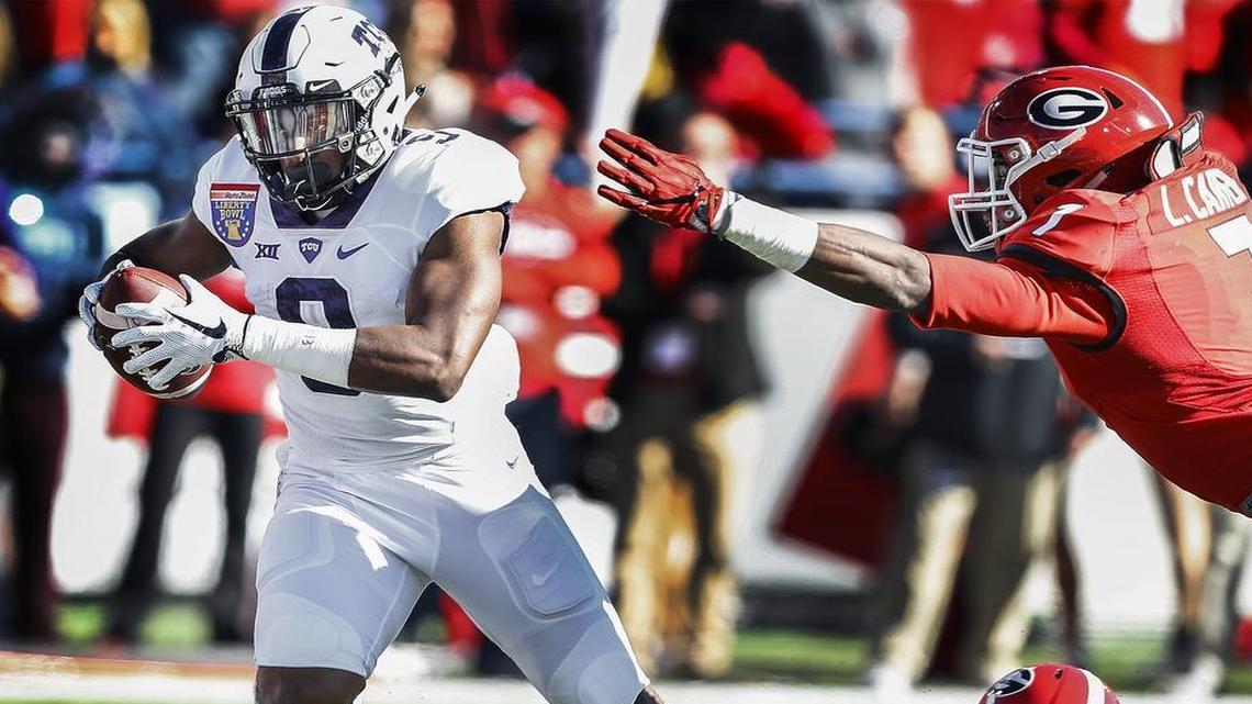 TCU receiver John Diarse cuts to the end zone to complete a 10-yard touchdown catch in the second quarter of the Liberty Bowl against Georgia.