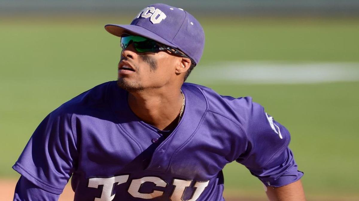 TCU first baseman Michael Landestoy chases a pop foul in the ninth inning against West Virginia on Saturday at Lupton Stadium. Landestoy has played error-free in five starts since taking over for the injured Connor Wanhanen.
