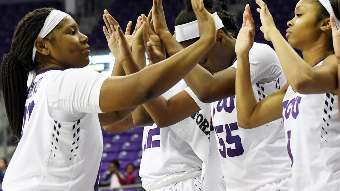 TCU's Amy Okonkwo, left, scored a career-high 31 points and grabbed seven rebounds in the Frogs’ 90-68 win over Hampton.
