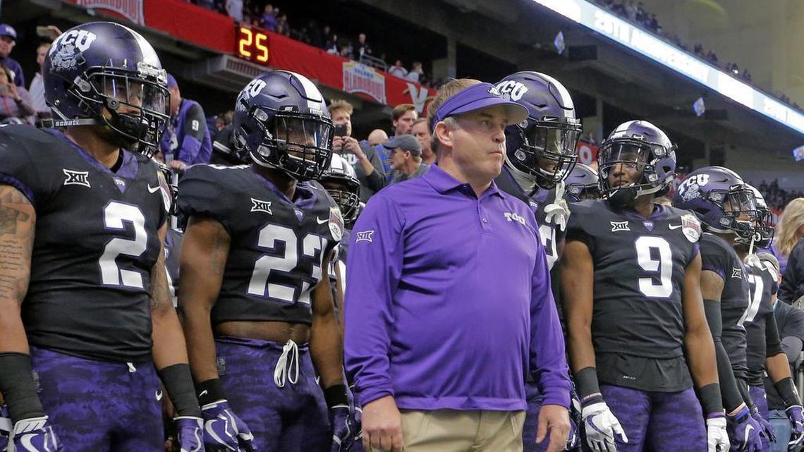TCU coach Gary Patterson and the Horned Frogs wait to enter the field for the start of the Alamo Bowl game against Stanford on Dec. 28 at the Alamodome in San Antonio. TCU’s 39-37 victory gave Patterson a 160-57 record at TCU.
