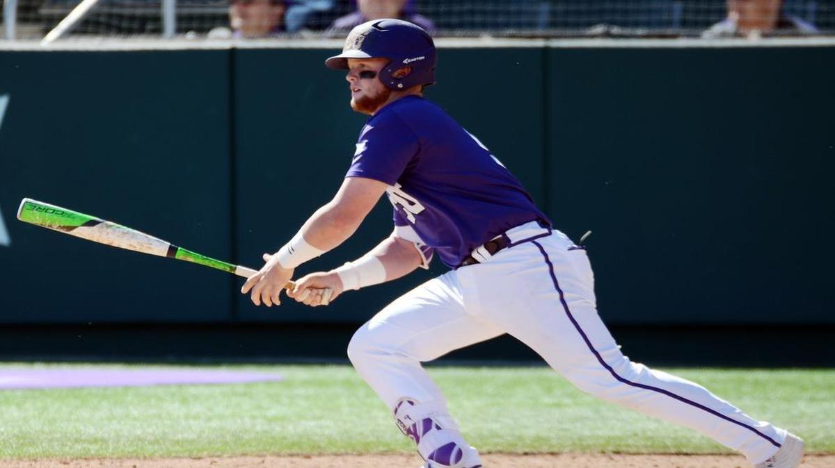 TCU’s Evan Skoug follows through on a double in the third inning of a March 19 game against Wets Virginia at Lupton Stadium. Skoug is tied for the Big 12 lead in doubles.