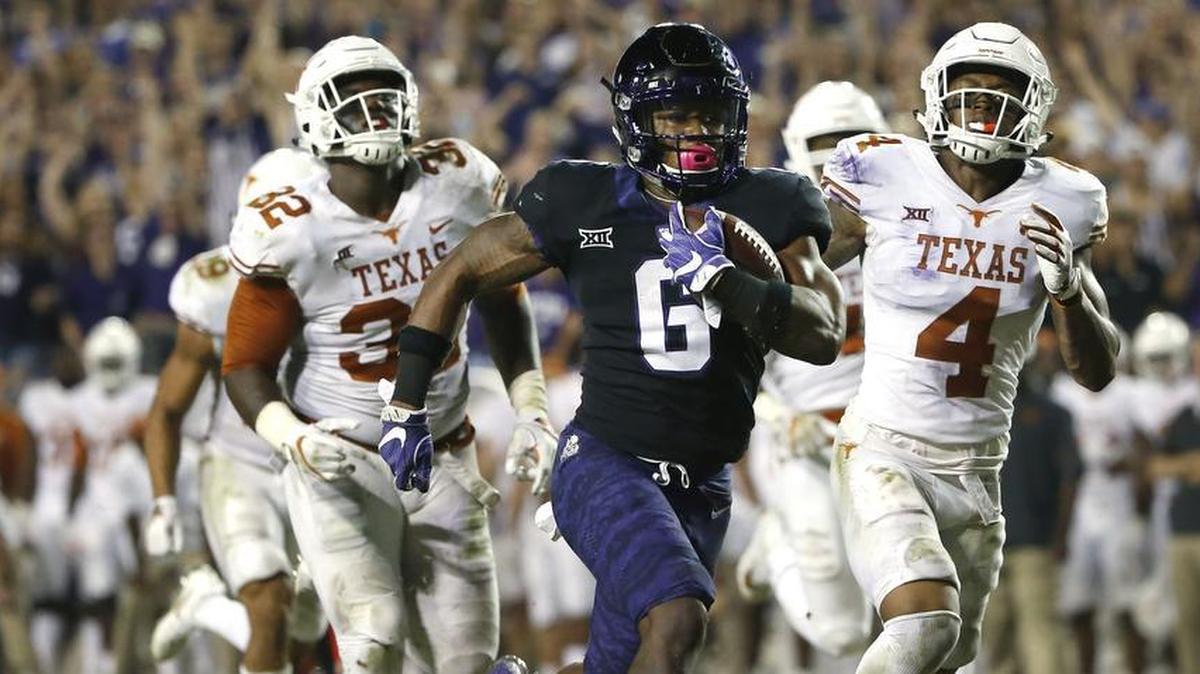 Running back Darius Anderson (6) and TCU ran away from Texas last week at Amon G. Carter Stadium. The Frogs, ranked sixth in the latest College Football Playoff poll, travel to No. 5 Oklahoma on Saturday.