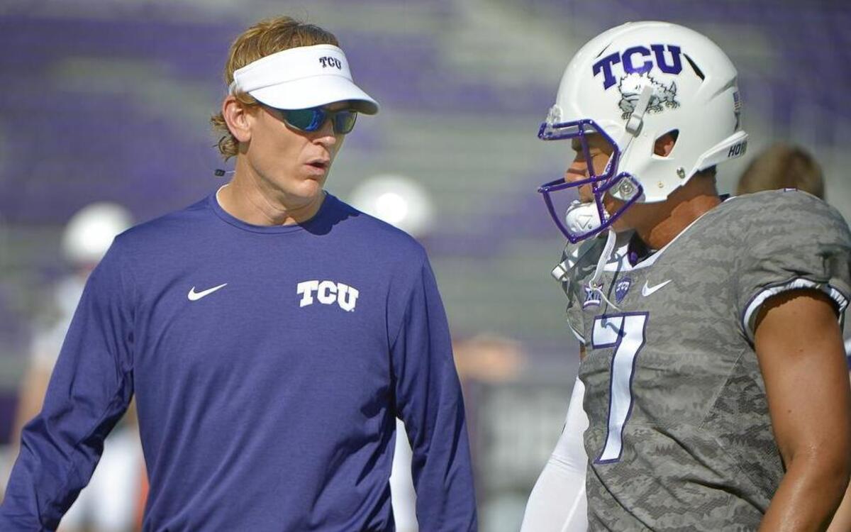 Sonny Cumbie, left, will call plays this season for TCU and quarterback Kenny Hill.