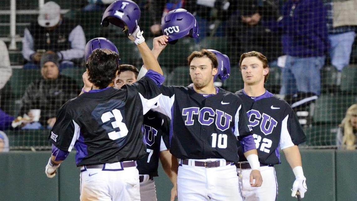 Elliott Barzilli, left, celebrates his three-run home run with TCU teammates on Wednesday. Barzilli is 11-for-16 to start the season.