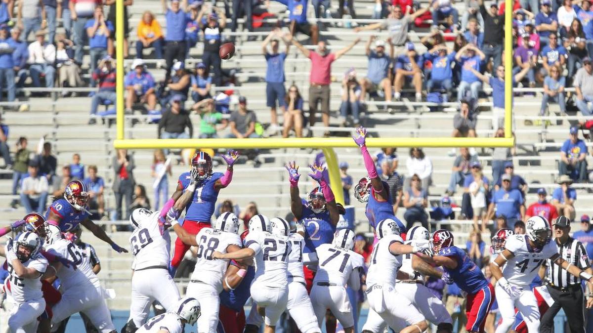 The ball is on the way off the foot of TCU kicker Brandon Hatfield on his game-winning 34-yard kick at Kansas last week.