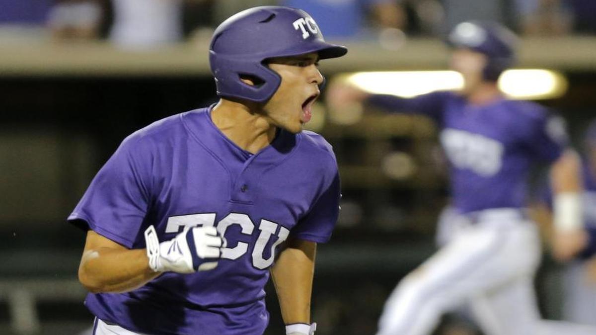 Elliott Barzilli reacts as his batted ball goes through the right side for a single to win Game 3 of an NCAA regional series against N.C. State last season. His hit in the 10th inning completed a TCU comeback from an 8-1 deficit two innings earlier.