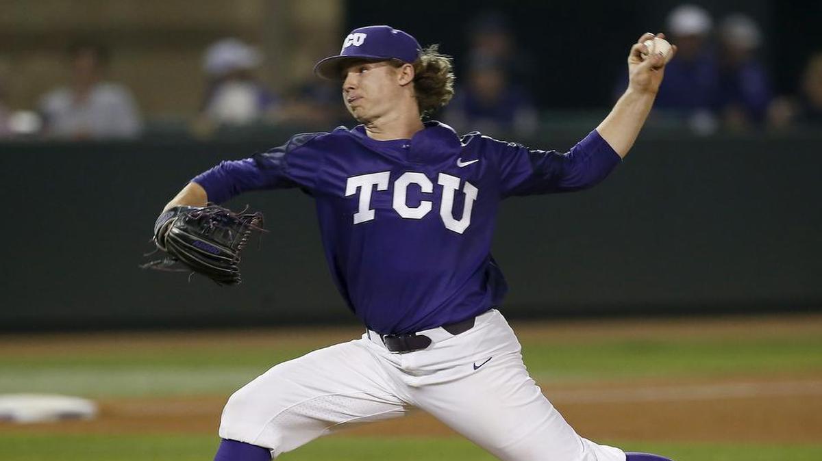 TCU pitcher Haylen Green delivers in the fourth inning of a game against Rice at Lupton Stadium on Feb. 28. He was one of six freshmen who pitched for the Horned Frogs in their 3-0 weekend at the Shriners College Classic.