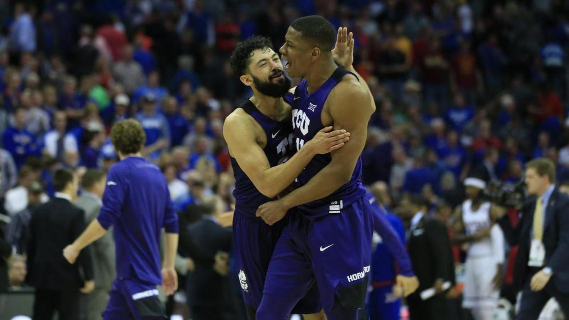 TCU guards Alex Robinson (left) and Brandon Parrish react after the final buzzer in an 85-82 victory against No. 1 Kansas in the Big 12 tournament quarterfinals last season at the Sprint Center in Kansas City. It was the Horned Frogs’ first win against an AP top-ranked team.