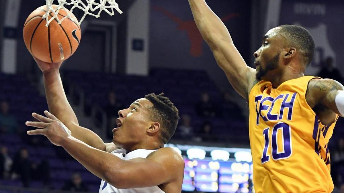 TCU guard Desmond Bane drives for a layup against the defense of Tennessee Tech’s Kajon Mack in the first half of Monday night’s game at Schollmaier Arena. Bane finished with 24 points in 25 minutes.