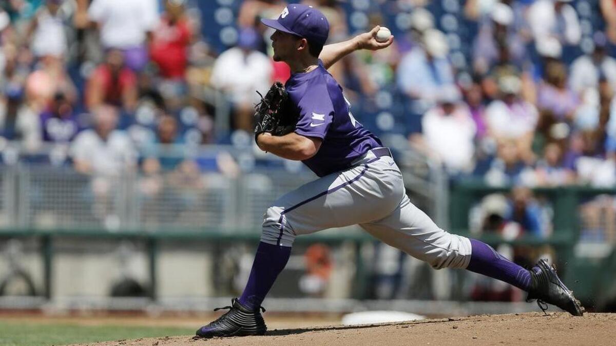 TCU pitcher Jared Janczak delivers in the first inning of a June 19, 2016, game against Texas Tech at the College World Series.