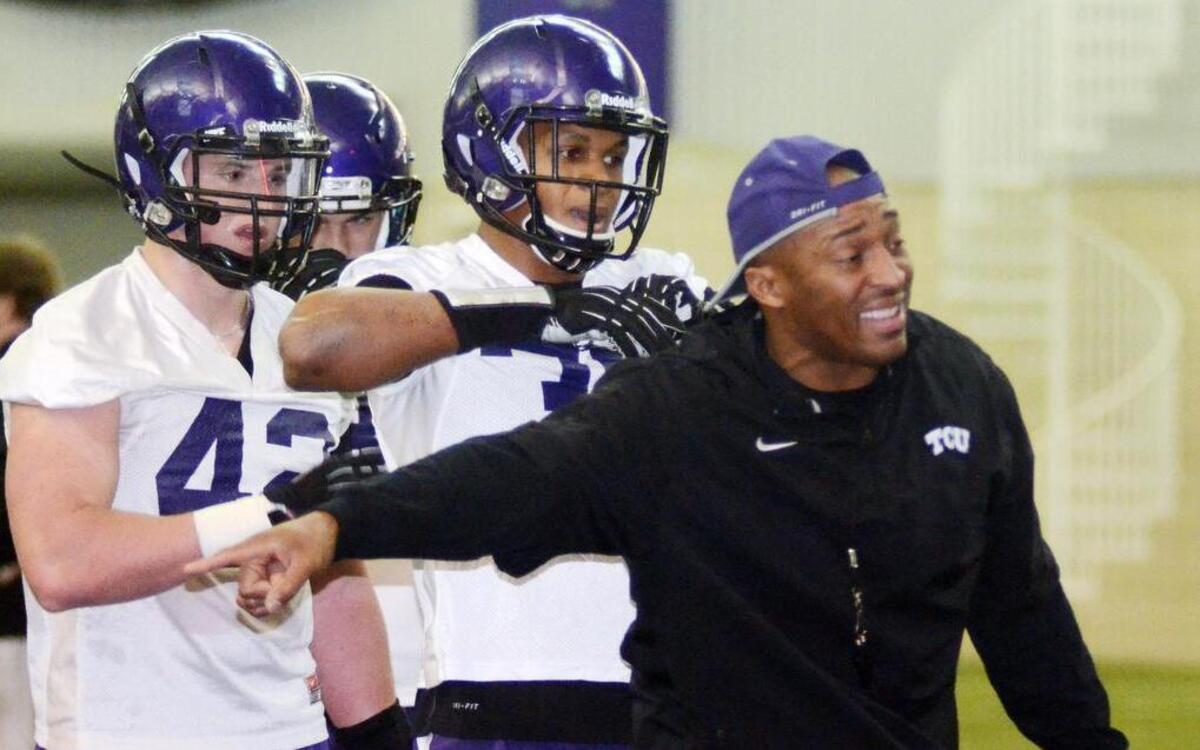 DeMontie Cross gives instruction during a TCU spring practice in March. He had been named co-defensive coordinator alongside Chad Glasgow a month earlier.