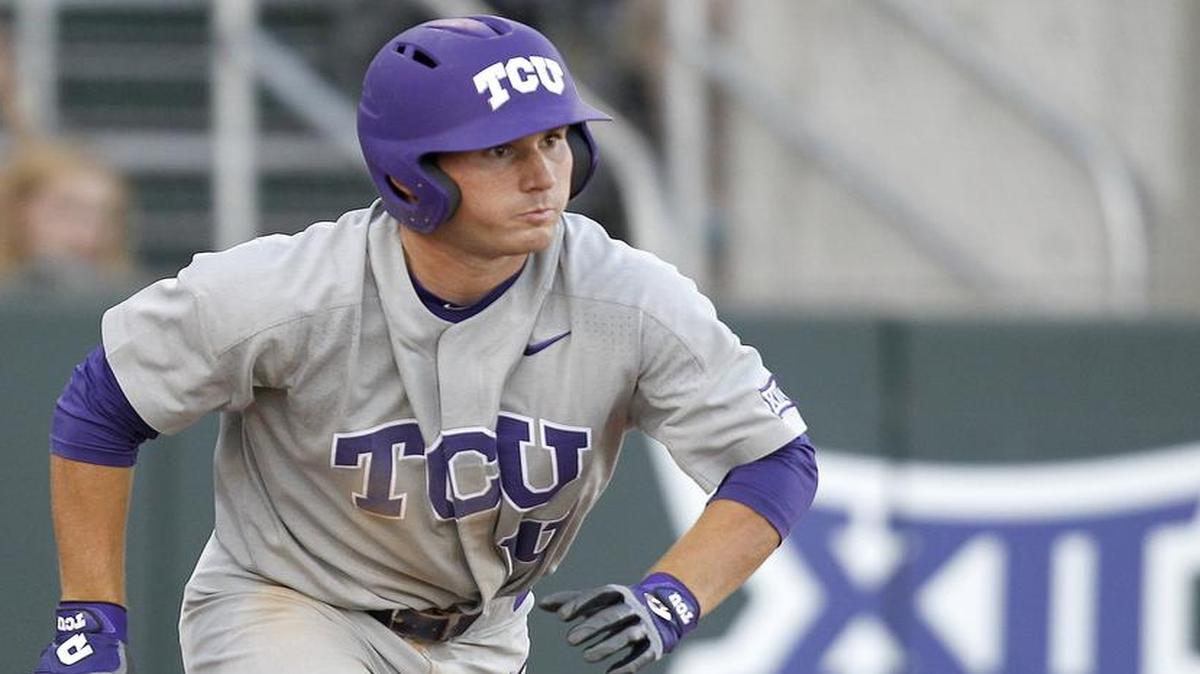TCU catcher Zach Humphreys follows the flight of the ball on a double in the eighth inning of a May 2 completion of a suspended game at Lupton Stadium. TCU won 3-0, finishing a game originally begun March 21 at Abilene Christian.