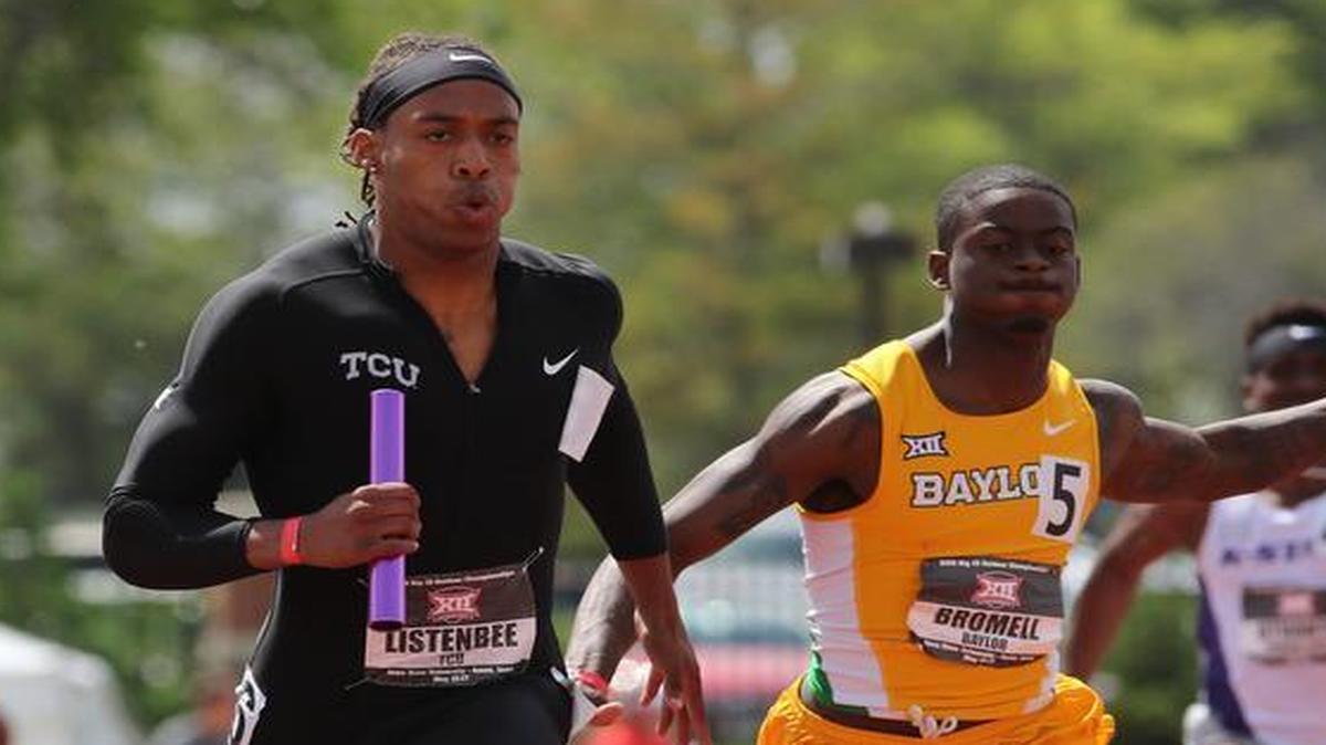 
Kolby Listenbee, a receiver on the TCU football team, anchors the Horned Frogs’ 4x100 relay team.
