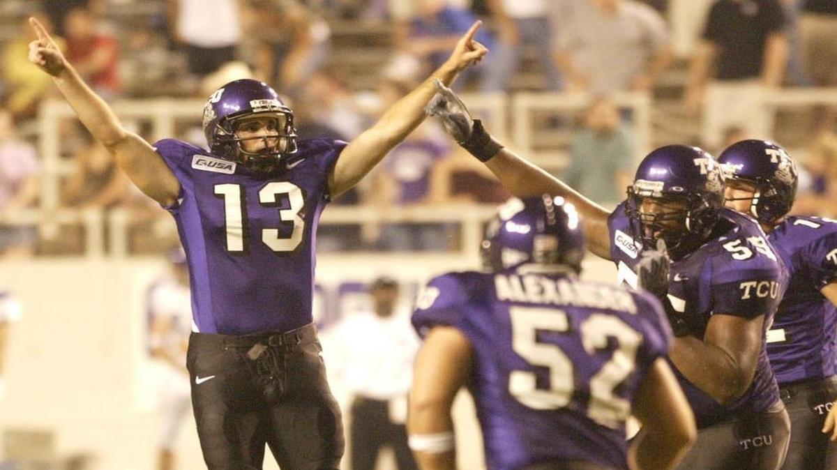 TCU kicker Peter LoCoco celebrates with teammates after kicking a go-ahead field goal in the second overtime of a 48-45 win against Northwestern at Amon G. Carter Stadium on Sept. 2, 2004.