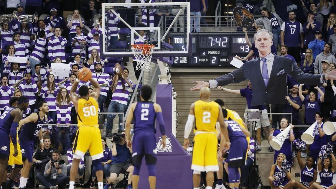 TCU fans attempt to distract West Virginia forward Sagaba Konate from making a free throw during TCU’s 82-73 win on Jan. 22 at Schollmaier Arena.