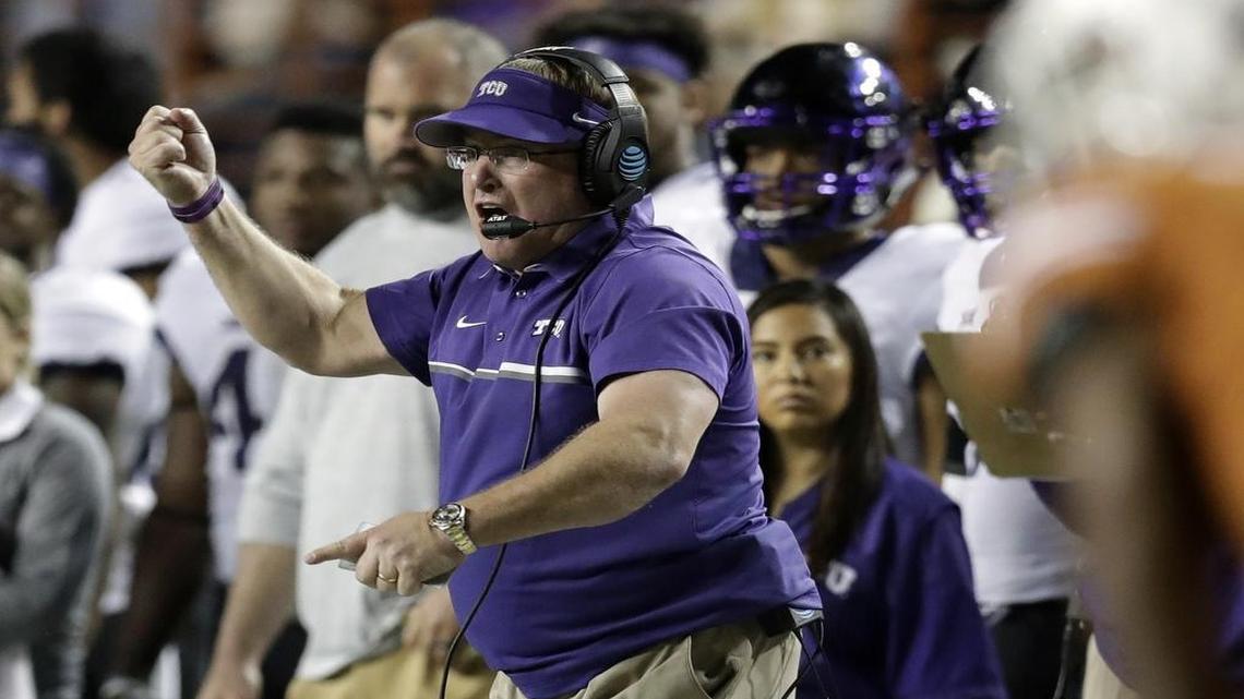 TCU coach Gary Patterson calls to his players during a Nov. 25 game against Texas in Austin, won 31-9 by the Horned Frogs.