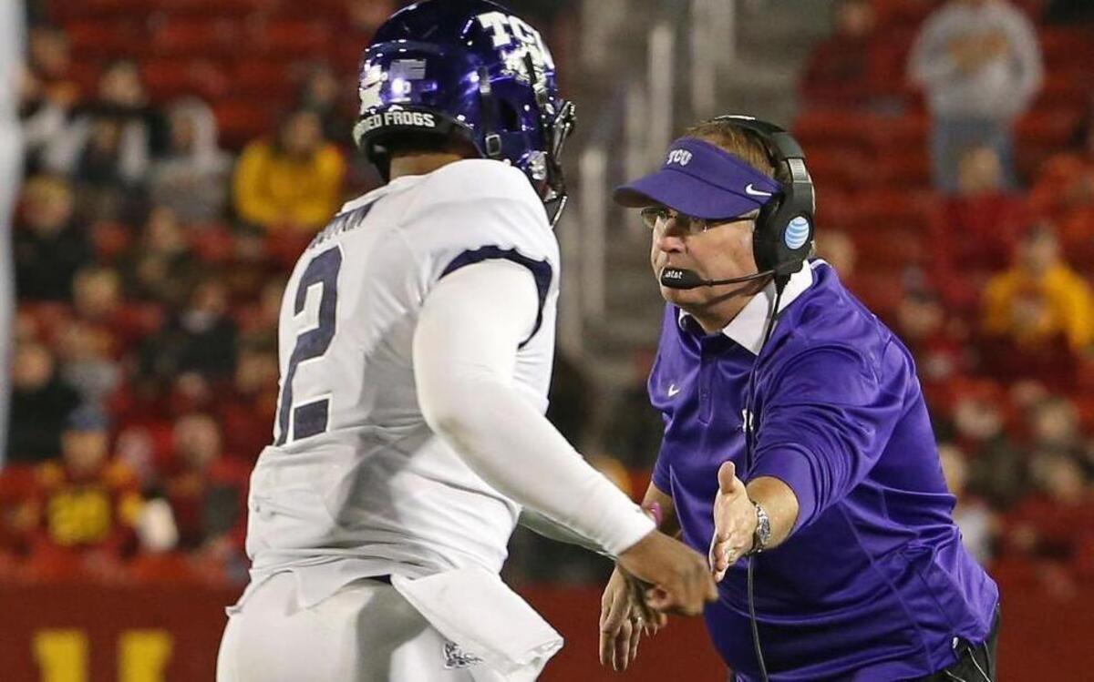 TCU quarterback Trevone Boykin accepts congratulations from coach Gary Patterson after a touchdown pass to Kyle Hicks provided a 31-21 lead against Iowa State. Patterson said this week he wants to do his part on defense to help Boykin achieve his goals.