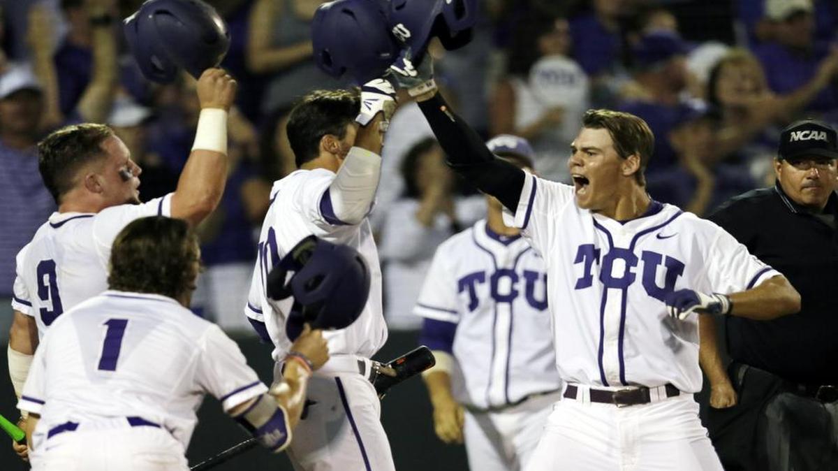 
Connor Wanhanen, right, celebrates with teammates after hitting his first career home run, a two-run shot in the sixth inning, to give TCU a 4-1 lead over Texas A&M on Monday night.

