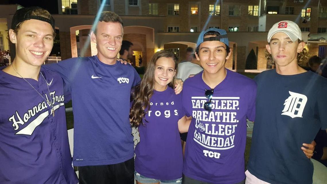 TCU students from left, Mitchell Lefevre, Ben Auten, Caroline Culver, John Merkle and James Flowers, were first in line to camp out over night on the campus commons for ESPN’s College GameDay, which airs from 8 to 11 a.m. Saturday.