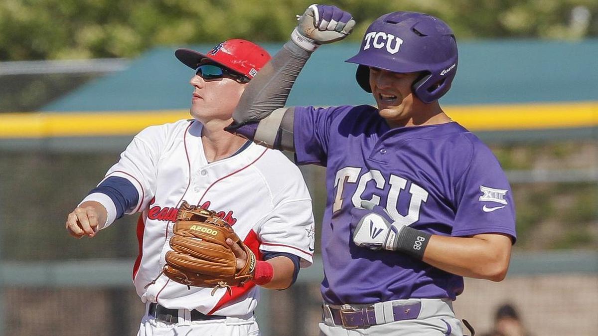 
TCU senior Derek Odell reacts after arriving at second base with a double in the eighth inning against Stony Brook on Sunday. He went 2-for-4 with an RBI in the Frogs’ 8-3 victory, one of three consecutive they used to win the Fort Worth Regional.
