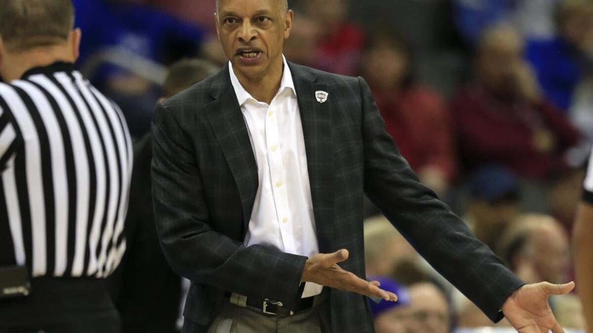 TCU coach Trent Johnson, show here in a game against West Virginia in the Big 12 conference tournament, was dismissied Monday as the school’s coach. (AP Photo/Orlin Wagner)