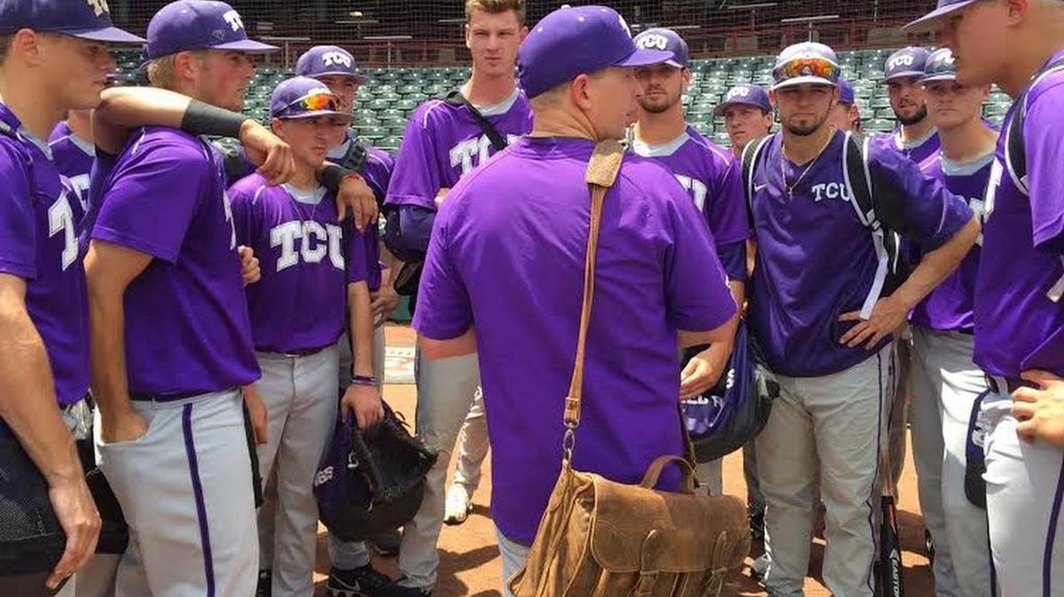 TCU coach Jim Schlossnagle provides last-minute instructions at the end of practice Tuesday at Chickasaw Bricktown Ballpark. The Horned Frogs open play in the Big 12 tournament at 4 p.m. Wednesday against Baylor.