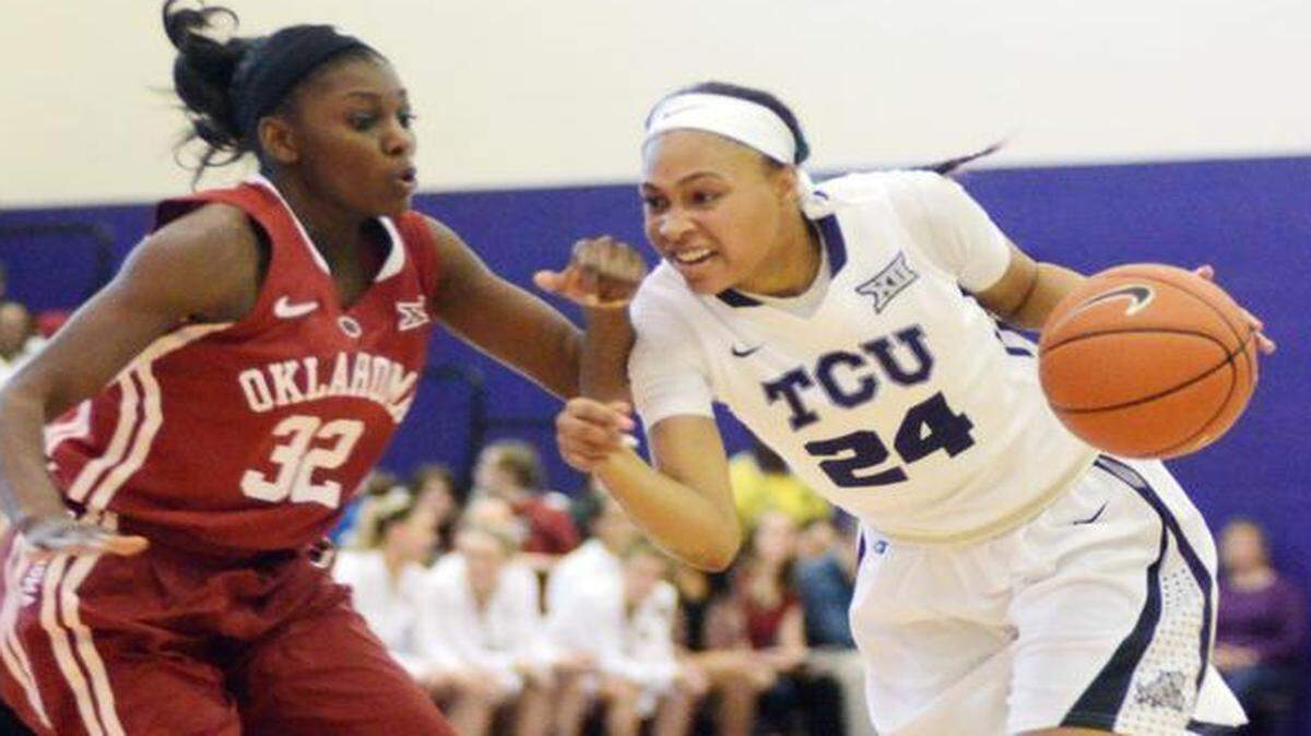 
TCU’s Natalie Ventress, right, drives up the court against Oklahoma’s Lanesia Williams.

