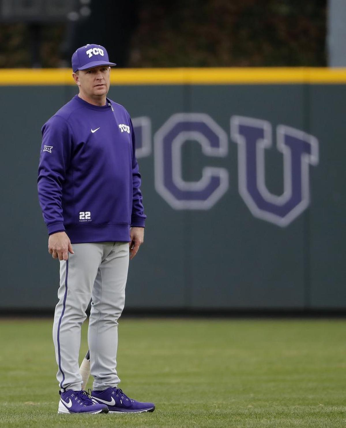TCU coach Jim Schlossnagle watched drills during TCU’s first practice of the season on Friday afternoon at Lupton Stadium.