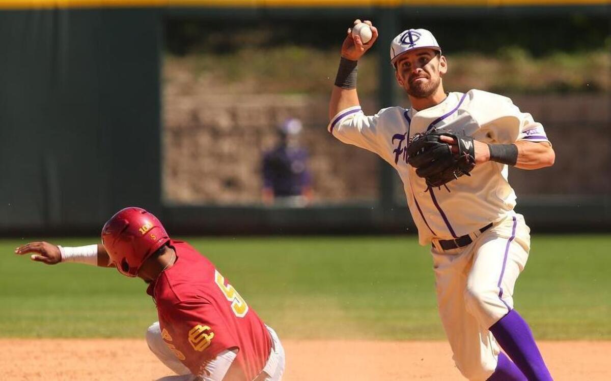 USC Trojans Reggie Southall is forced out at second by TCU’s Ryan Merrill on Sunday.