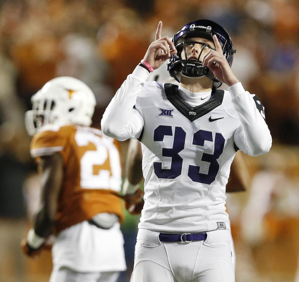 Jaden Oberkrom of TCU celebrates one of his two field goals to open the first half last season against Texas.