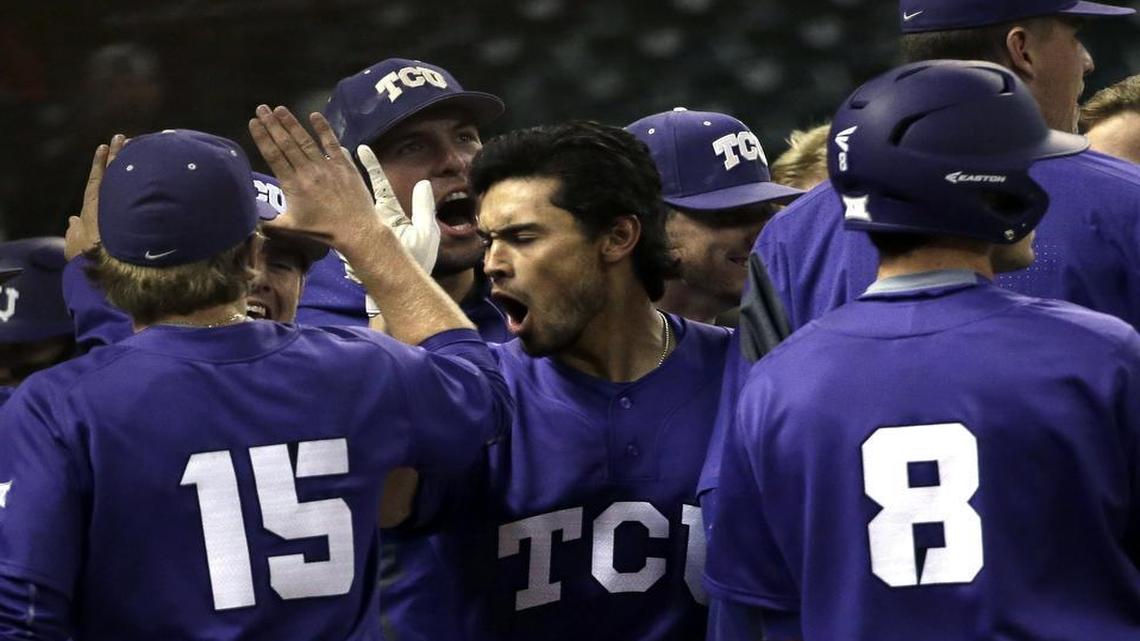 TCU third baseman Elliott Barzilli celebrates a two-run home run against Rice on Saturday night at the Shriners College Classic at Minute Maid Park in Houston. It was his second home run of the season. He is the Horned Frogs’ leading hitter with a .593 average.