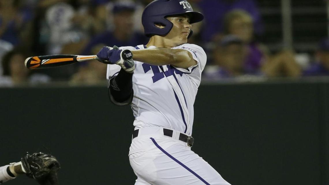 
TCU designated hitter Connor Wanhanen follows through on his two-run home run in the sixth inning of Game 3 of the Super Regional against Texas A&M. It was his first home run of the season.
