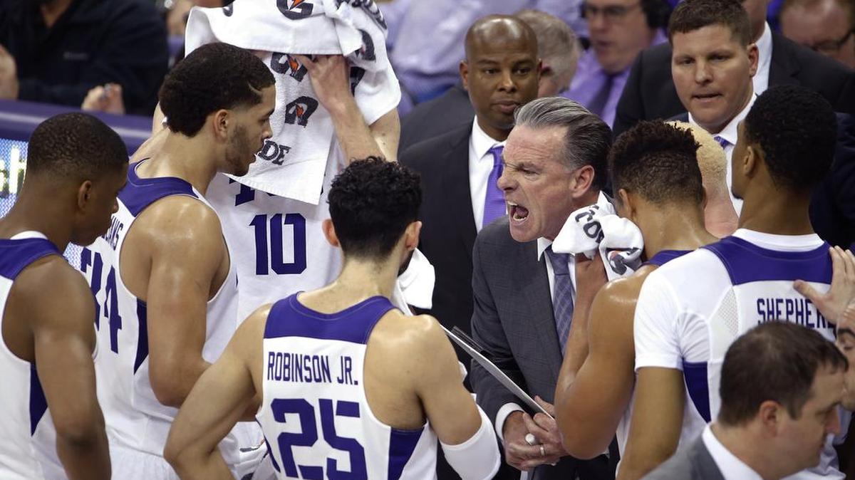 TCU men’s basketball coach Jamie Dixon addresses his team during last week’s 84-77 victory over Iowa State in Fort Worth. As of Wednesday, TCU has sold out Saturday’s home game against No. 6 Baylor in Schollmaier Arena.