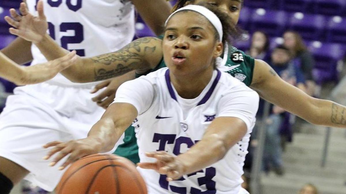 TCU’s AJ Alix (23) passes the ball against Eastern Michigan in a second-round WNIT win. Alix began to thrive this past season as a sophomore.