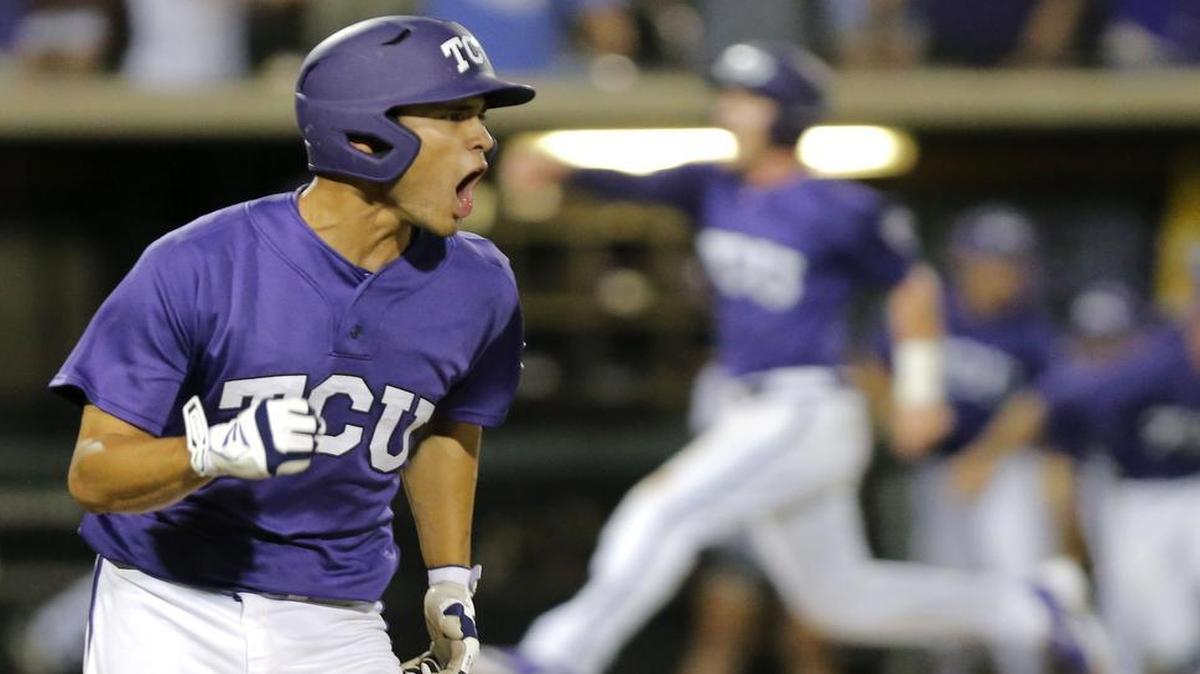 
Elliott Barzilli reacts as the ball gets through the infield for a base hit in the 10th inning that scored Evan Williams with the winning run in TCU’s 9-8 comeback victory against N.C. State. It was only the third plate appearance for Barzilli in the Fort Worth Regional.
