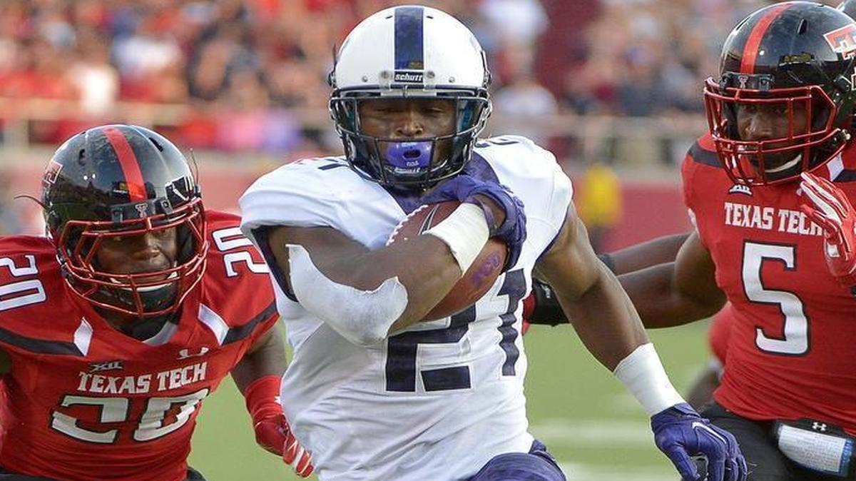 TCU running back Kyle Hicks crosses the goal line for a touchdown at Texas Tech. He had two carries in the game, one for 21 yards, one for 7 yards and the score.