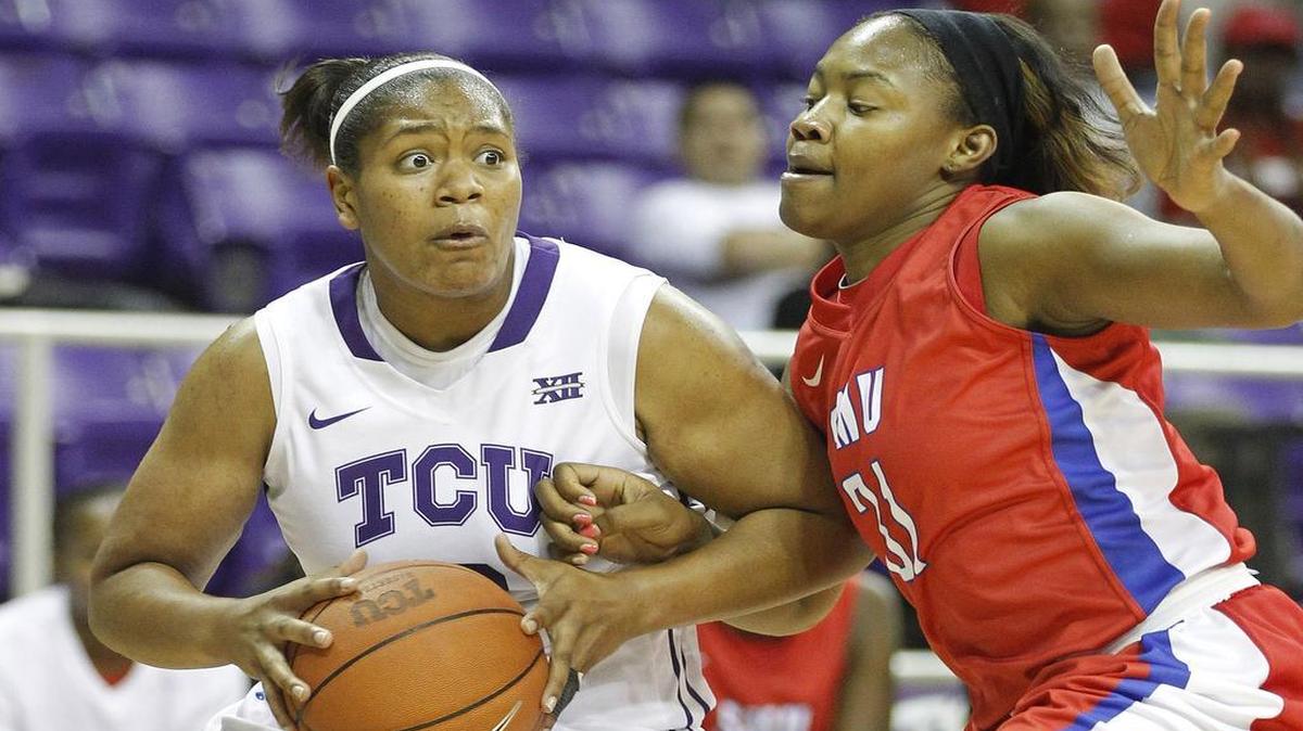 Destynee Hives-McCray, right, guards TCU’s Veja Hamilton during a game in 2012. Hives-McCray, now a senior transfer for the Horned Frogs, takes on her former team Wednesday at Moody Coliseum in Dallas.