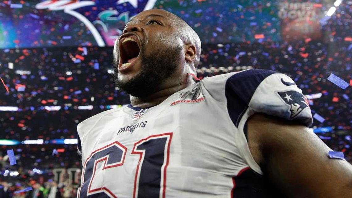 New England Patriots offensive tackle Marcus Cannon, a former TCU standout, celebrates after the NFL Super Bowl 51 football game against the Atlanta Falcons, Sunday, Feb. 5, 2017, in Houston. The Patriots defeated the Falcons 34-28 in overtime.