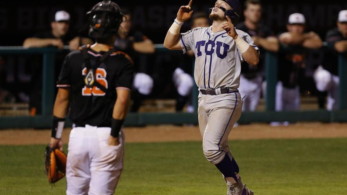 TCU catcher Evan Skoug crosses home plate after hitting one of his two home runs at the Big 12 tournament. Skoug is second on the team with nine homers this season.