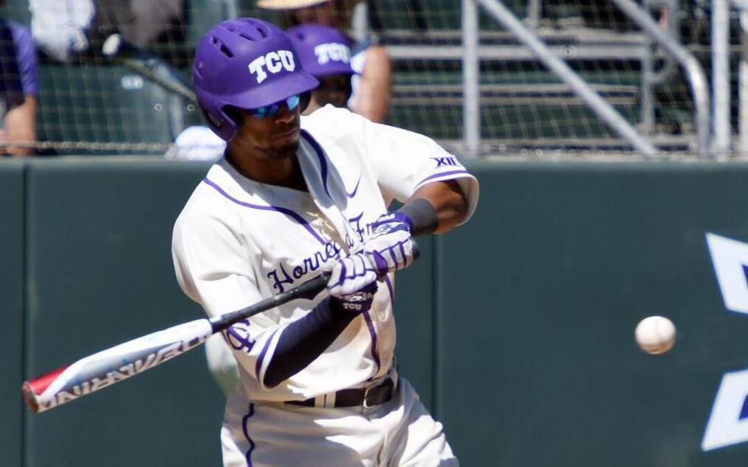 TCU’s Michael Landestoy singles in the eighth inning of an April 23 game against Texas at Lupton Stadium.