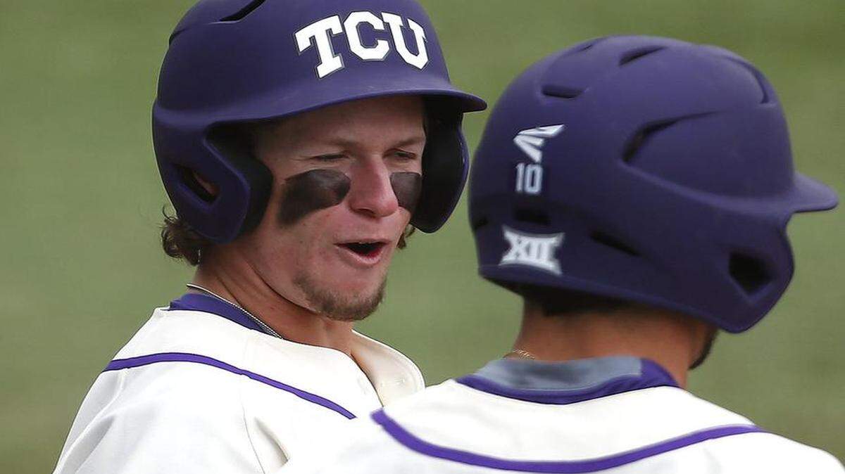 
Leadoff hitter Cody Jones reacts after scoring a run in a game against Baylor in March. The senior from Round Rock is not only getting on base for TCU, he is hitting with power and driving in runs.
